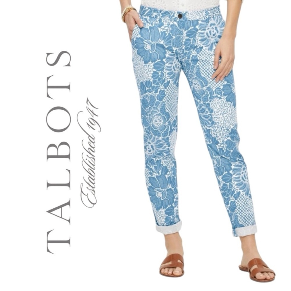 Talbots Relaxed Chino Pants Blue & White Floral Stretch Mid-Rise Ankle Length